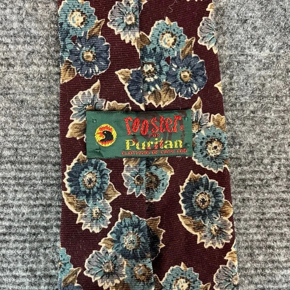 Rooster for Puritan Mens Silk Tie Burgundy Blue Floral Vintage Necktie